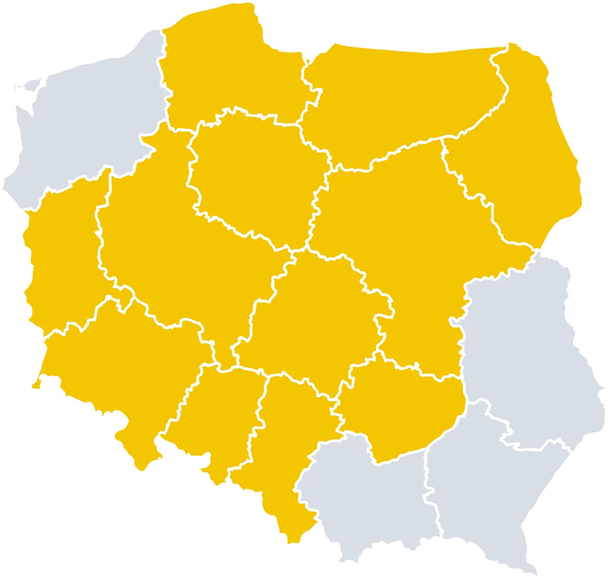 Mapa Polski z zaznaczonymi 12 województwami, w których pszenica ozima SOVA znajduje się na LOZ 2026